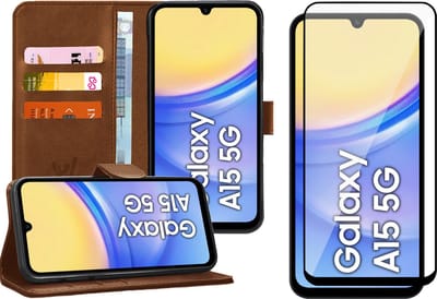 Hoesje geschikt voor Samsung Galaxy A15 - Screenprotector Volledig Dekkend Glas - Portemonnee Book Case Bruin