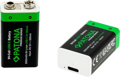 Set van 2 x 9V oplaadbare batterijen, met USB-C aansluiting
