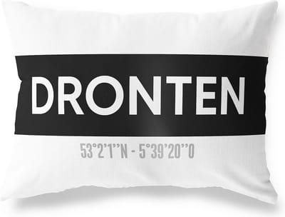 Tuinkussen DRONTEN - FLEVOLAND met coördinaten - Buitenkussen - Bootkussen - Weerbestendig - Jouw Plaats - Studio216 - Modern - Zwart-Wit - 50x30cm