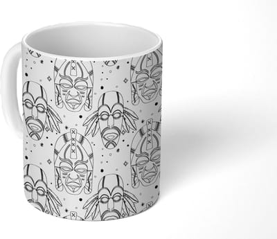 Mok - Koffiemok - Inca - Maskers - Patroon - Zwart-wit - Mokken - 350 ML - Beker - Koffiemokken - Theemok
