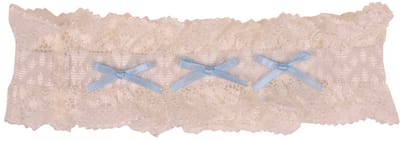 Kousenband Ivoorkleurig met Kant & Lichtblauwe Strikjes - 33cm Elastisch