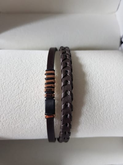 Claudia Koch Bracelet Men Genuine Leather With Stainless Steel, Brown Rosegold