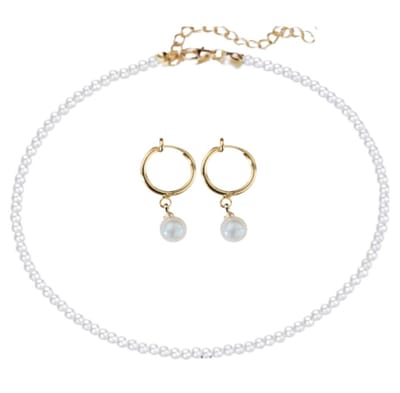 2-Delige -Witte synthetische parel ketting 35 cm -klem oorbellen goudkleurig 4 mm - Charme Bijoux