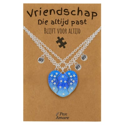 BFF Ketting voor 3 'Vriendschap die altijd past' - Magnetisch Blauw Hartje - Vriendschapsketting op Cadeau Kaartje - 45cm + 5cm verstelbaar - Zilverkleurig - Best Friends Hanger - Pax Amare