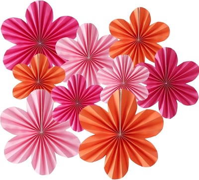 Grote Papieren Bloemen Decoraties Set van 9 Stuks, Papieren Ventilatoren voor Feestjes, Bruiloften en Verjaardagen, Roze en Oranje Muurdecoratie