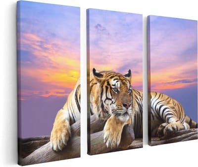 Artaza Canvas Schilderij Drieluik Tijger Tijdens Zonsondergang - 120x80 cm - Wanddecoratie Woonkamer - Schilderijen - Muurdecoratie