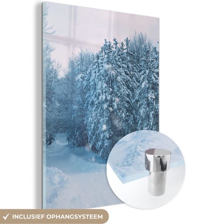 MuchoWow® Glasschilderij 30x40 cm - Schilderij acrylglas - Bos - Sneeuw - Winter - Foto op glas - Schilderijen