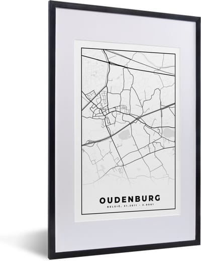 Fotolijst incl. Poster Zwart Wit- Zwart Wit – België – Plattegrond – Stadskaart – Kaart – Oudenburg - 40x60 cm - Posterlijst