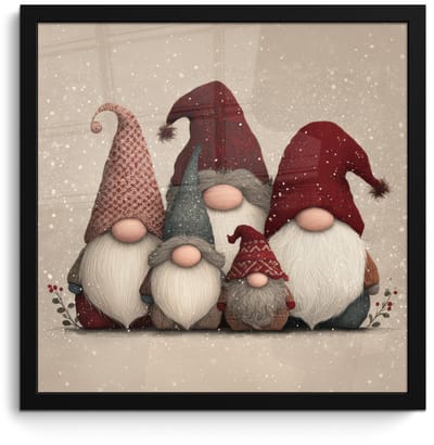 Poster in lijst - Fotolijst 40x40 cm - Posters - Kabouters - Kerst - Sneeuw - Puntmutsen - Posterlijst zwart - Decoratie - Wanddecoratie woonkamer - Muurdecoratie slaapkamer - Kerstversiering - Kerstdecoratie voor binnen - Kerstmis