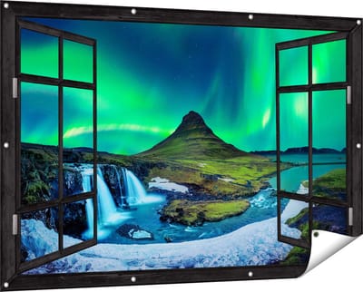 Gards Tuinposter Doorkijk Noorderlicht bij de Watervallen in IJsland - 150x100 cm - Tuindoek - Tuindecoratie - Wanddecoratie buiten - Tuinschilderij