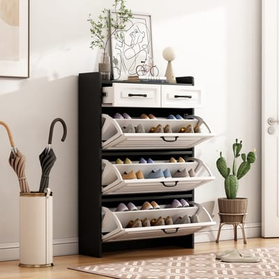 Sweiko Schoenenkast - Opklapbare lade - 3 grote schotten 2 laden - Houten schoenenrek - Wit + Zwart