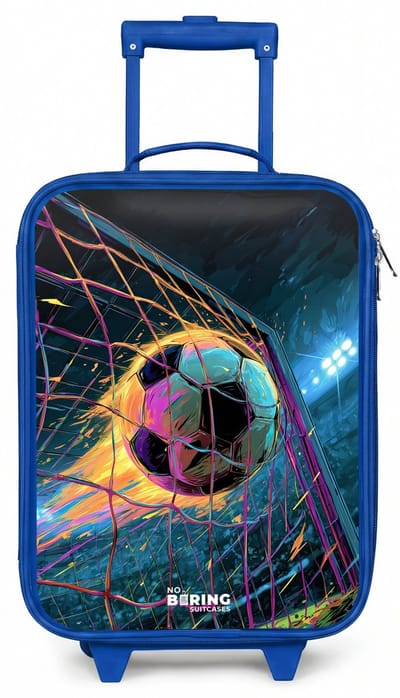 NoBoringSuitcases.com® - Kinderkoffer blauw - Kindertrolley jongen - Neon - Net - Voetbal - Kleurrijk - Koffer kind lichtgewicht - Reiskoffer trolley voor kinderen - Koffertje met lichtgevende wieltjes - Rolkoffer