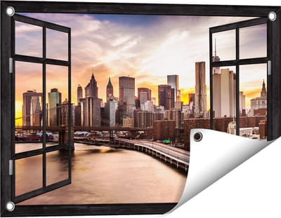 Gards Tuinposter Doorkijk Brooklyn Bridge Brug in New York - 60x40 cm - Tuindoek - Tuindecoratie - Wanddecoratie buiten - Tuinschilderij