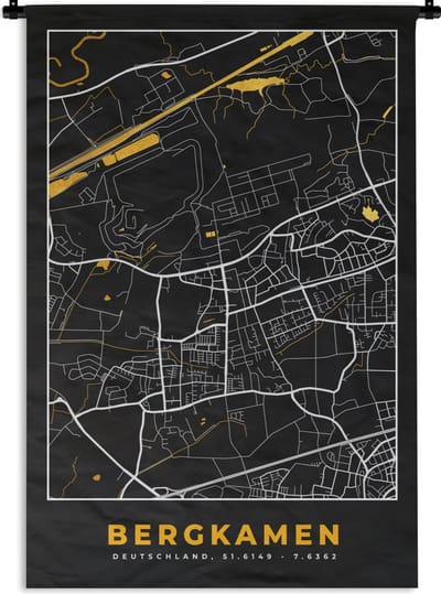 Wandkleed - Wanddoek - Stadskaart – Kaart – Bergkamen – Gold – Duitsland – Plattegrond - 120x180 cm - Wandtapijt