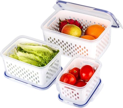 Fresh Produce Saver Storage Containers with Drain Baskets - Reusable Fridge-Freezer Plastic Food Organiser Bins - Store Vegetables & Fruit - Dishwasher-Microwave Safe
