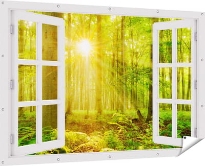 Gards Tuinposter Doorkijk Groen Bos met Schijnende Zonnestralen - 180x120 cm - Tuindoek - Tuindecoratie - Wanddecoratie buiten - Tuinschilderij