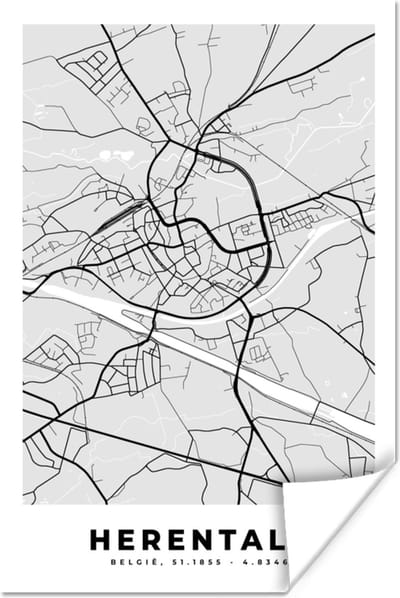 Poster Zwart Wit – België – Plattegrond – Stadskaart – Kaart – Herentals - 120x180 cm XXL