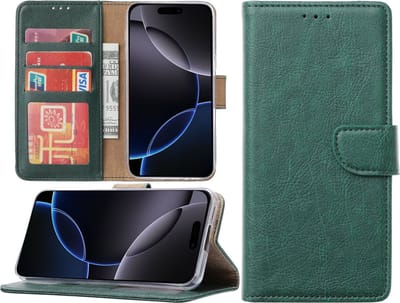 Hoesje Geschikt voor iPhone 16 Pro hoesje – portemonnee bookcase met pasjeshouder – Groen