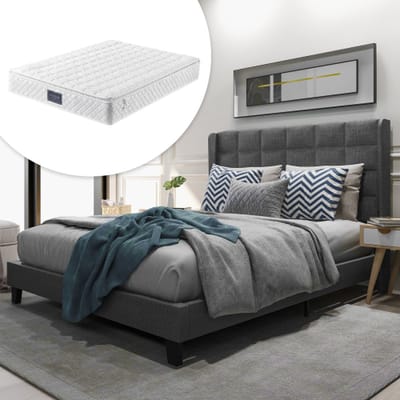 KOMHTOM Tweepersoonsbed 140x200cm Bed volwassenen Modern bed met gestoffeerd hoofdeinde Grijs met matras