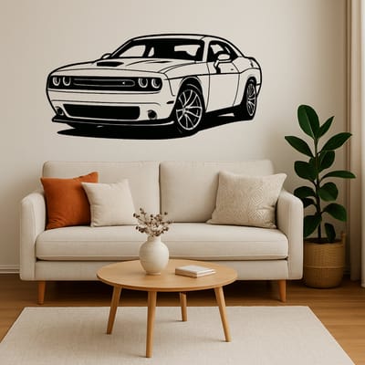 Houten Wanddecoratie Dodge Challenger – Auto Wanddecoratie – Lasergesneden Hout – 75 cm – Zwart – Muurdecoratie voor Woonkamer, Garage en Mancave – Cadeau voor Autoliefhebber