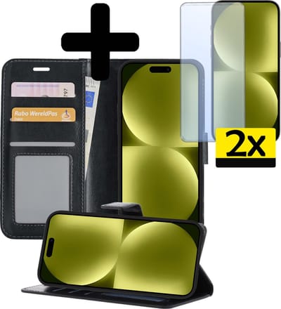 Hoesje - Met 2x Screenprotector - Geschikt voor Apple iPhone 15 - Luxe Pasjeshouder - Bookcase Portemonee - Flip Case - Kunstleer Book Case - Flipcase Hoes - Book Cover - Walletcase - Portemonneehoes - Telefoonhoesjes - Zwart