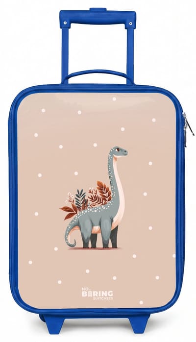 NoBoringSuitcases.com® - Kinderkoffer blauw - Kindertrolley jongen - Blauwe dinosaurus op een beige stippenachtergrond - Koffer kind lichtgewicht - Reiskoffer trolley voor kinderen - Koffertje met lichtgevende wieltjes - Rolkoffer