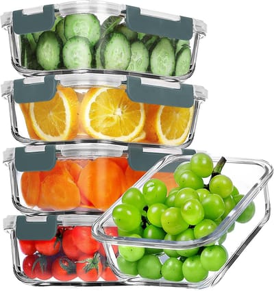 Famanu - 5 stuks glazen maaltijdbereidingscontainers, luchtdichte glazen lunchcontainers set, glazen voedselopslagcontainers met deksels, bpa-vrij, geschikt voor magnetron, oven, vriezer