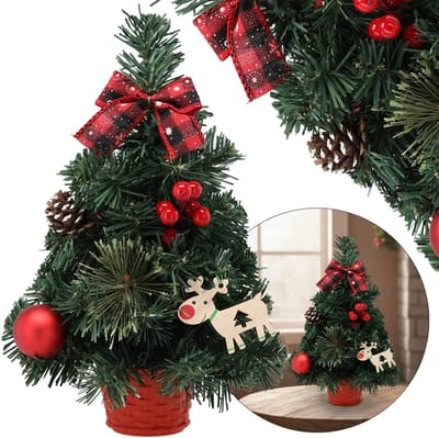 KLEINE Kunstkerstboom, rood met een ster van Bethlehem in een pot, VERSIERD 30 cm