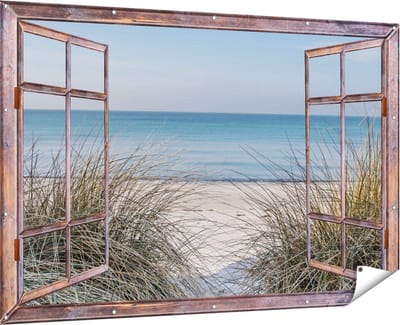 Gards Tuinposter Doorkijk Strand en Zee vanuit de Duinen - 180x120 cm - Tuindoek - Tuindecoratie - Wanddecoratie buiten - Tuinschilderij