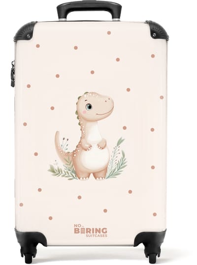 NoBoringSuitcases.com® - Kinderkoffer jongen - Kindertrolley jongens - Beige dino op een stippen achtergrond - Handbagage koffer lichtgewicht - Reiskoffer trolley kinderen - Rolkoffer met wieltjes - Past binnen 55x40x20 en 55x35x25