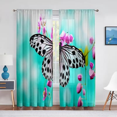 Fantasie Paarse Vlinder Transparante Voile Gordijn Vlinders Vleugels Chiffon Raam Tule Gordijnen voor Woonkamer Slaapkamer Keuken 1 PCS W100XH250cm&Grommet Top