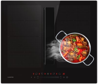 Klarstein Inductiekookplaat Chef-Fusion met Afzuiging – 60 cm, 600 m³/u, 6400 W, Flexzone, Energieklasse A, Touchbediening, Ruimtebesparend, Zwart - 52 cm - voor Keuken - Vetfilter - Induction Hob - Inductie Kookveld