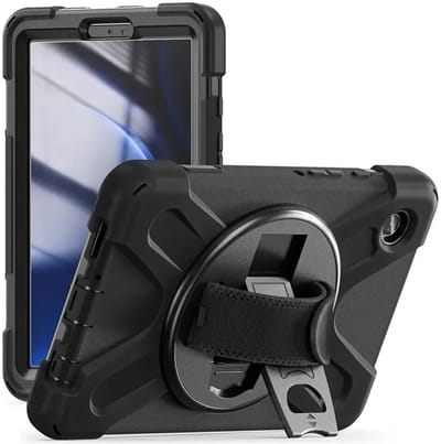 Hoes Geschikt voor Samsung Galaxy Tab A9 - Back Cover met Handriem - 360° Draaibare Kickstand Standaard - Beschermhoes Zwart