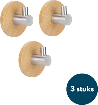 Kapstok haken hout - Bamboe hout chroom - Wandhaken - Wandkapstok - Zelfklevende haakjes - Plakhaakjes - Rond - 3 stuks