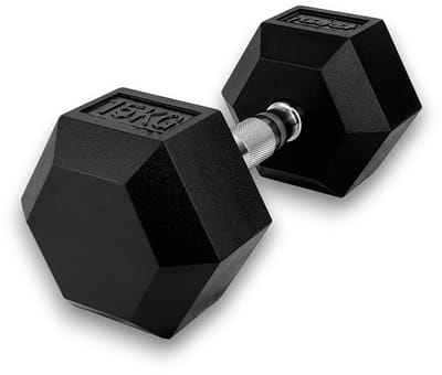 KRAKEN 15 kg Hexagon Dumbbell - Zeshoekige Hex Halter - Massief Gietijzer met Dikke Rubber Coating - Chroomstaal Greep 3,3 cm - Greepbreedte 13 cm - Gewichtdiameter 15,4 cm - Stabiele Anti-Wegrol Vorm - Dumbel Hand Gewichten Krachttraining Gym
