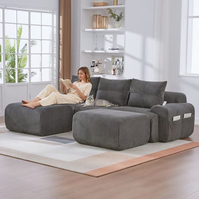 Modulaire corduroy bank voor 3 personen (met 2 voetenbankjes), vrij combineerbaar, inclusief bekerhouders en opbergvak aan de zijkant, ideaal voor woonkamers, familiekamers en andere ruimtes. Donkergrijs.