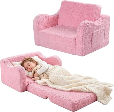 Kinderbank Uitklapbaar - Kinderfauteuil Slaapbank - Ontspannen Zitten - Zachte Sherpa Bekleding - 43x60x43 cm - Roze