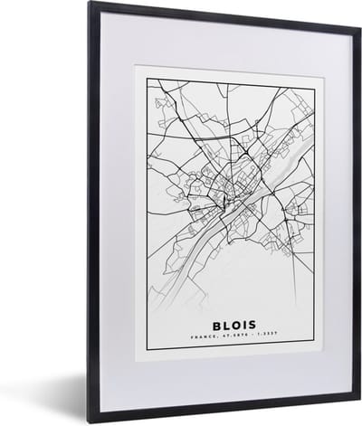 Fotolijst incl. Poster Zwart Wit- Kaart - Stadskaart - Frankrijk - Blois - Plattegrond - Zwart wit - 30x40 cm - Posterlijst