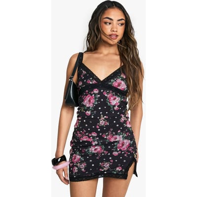boohoo Dames Floral Printed Mesh Lace Trim Split Mini Skirt wordt Minirok met bloemenprint, mesh en kanten afwerking en split | Black | Maat: 6