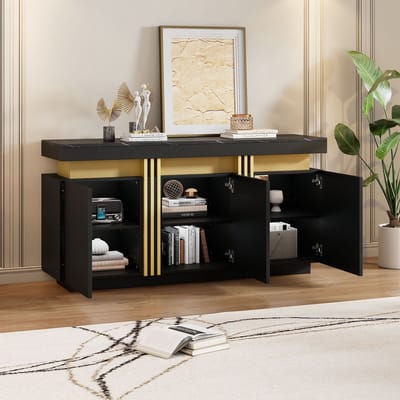 Wishdor Dressoir - 3 Deuren - Verstelbare Legplanken - Marmerstructuur Bovenblad - Spaanplaat - Zwart - 140 X 38 X 70 Cm
