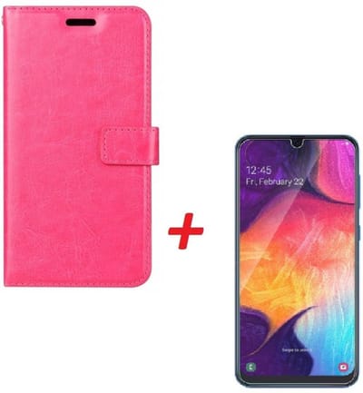 Ntech Hoesje Geschikt Voor Samsung Galaxy A70/A70s Portemonnee hoesje - Pink Met Tempered Glas