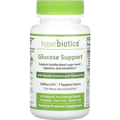 Hyperbiotics, glucose supplement, banaba-extract en vitamine D3, 5 miljard KVE, 60 gepatenteerde tabletten met verlengde afgifte