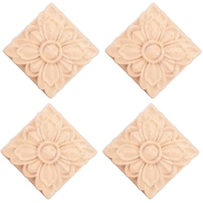 4 Stuks Gesneden Bloem Vierkant Onlay Applique Deur Kast Ongeschilderde Meubeldecoratie(#2) beige