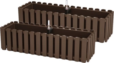 Prosperplast Plantenbak/bloembak Fence look - 2x stuks - kunststof - houtbruin - 58 x 18 x 16 cm