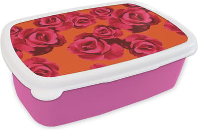 Broodtrommel Roze - Lunchbox - Brooddoos - Rozen - Oranje - Patroon - 18x12x6 cm - Kinderen - Meisje