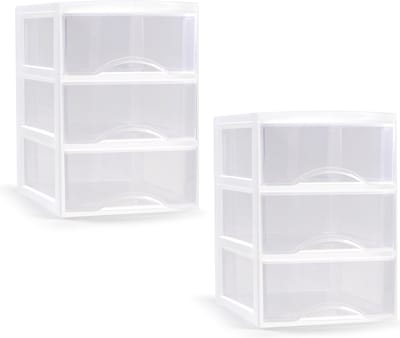 PlasticForte ladeblokje/bureau organizer - 2x - 3 lades - transparant/wit - L26 x B37 x H37 cm