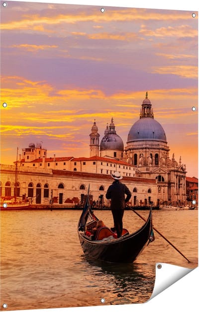 Gards Tuinposter Gondel in Veneti� voor het Basiliek - 90x120 cm - Tuindoek - Tuindecoratie - Wanddecoratie buiten - Tuinschilderij
