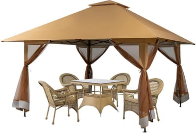 COSTWAY 4 x 4 m paviljoen, tuinpaviljoen met zijwanden van gaas, uv-bescherming 50+, pop-up vouwpaviljoen, in hoogte verstelbaar, incl. draagtas met wieltjes, voor tuin, terras, achtertuin (kaki)