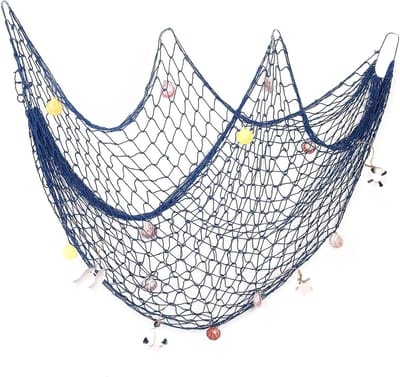Decoratieve Vissennet met Schelpen voor Buiten, Mediterraanse Stijl, Fotowand en Slaapkamer Decoratie (150x200cm) - Ideaal voor Feesten en Interieur Styling