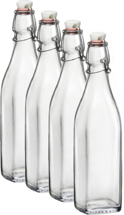Bormioli Rocco beugelfles/weckfles - 4x - 1 liter - glas - vierkant - water/olie/azijn/sapjes - Karaffen